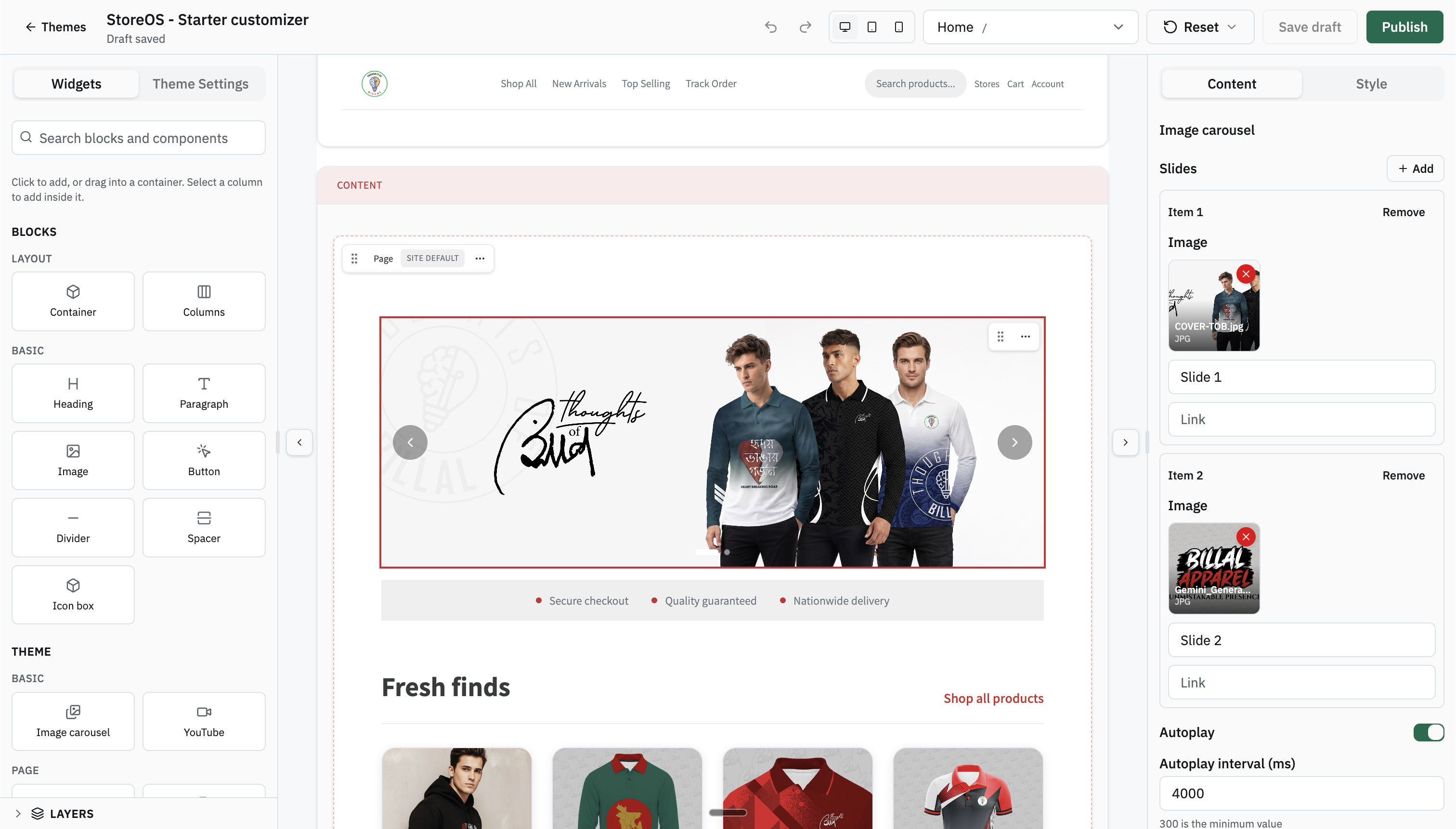 StoreOS theme customizer: widgets on the left, homepage canvas in the middle, and block settings on the right.