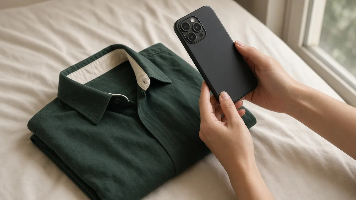Hands holding a phone over a folded green shirt to take a product photo for an online store