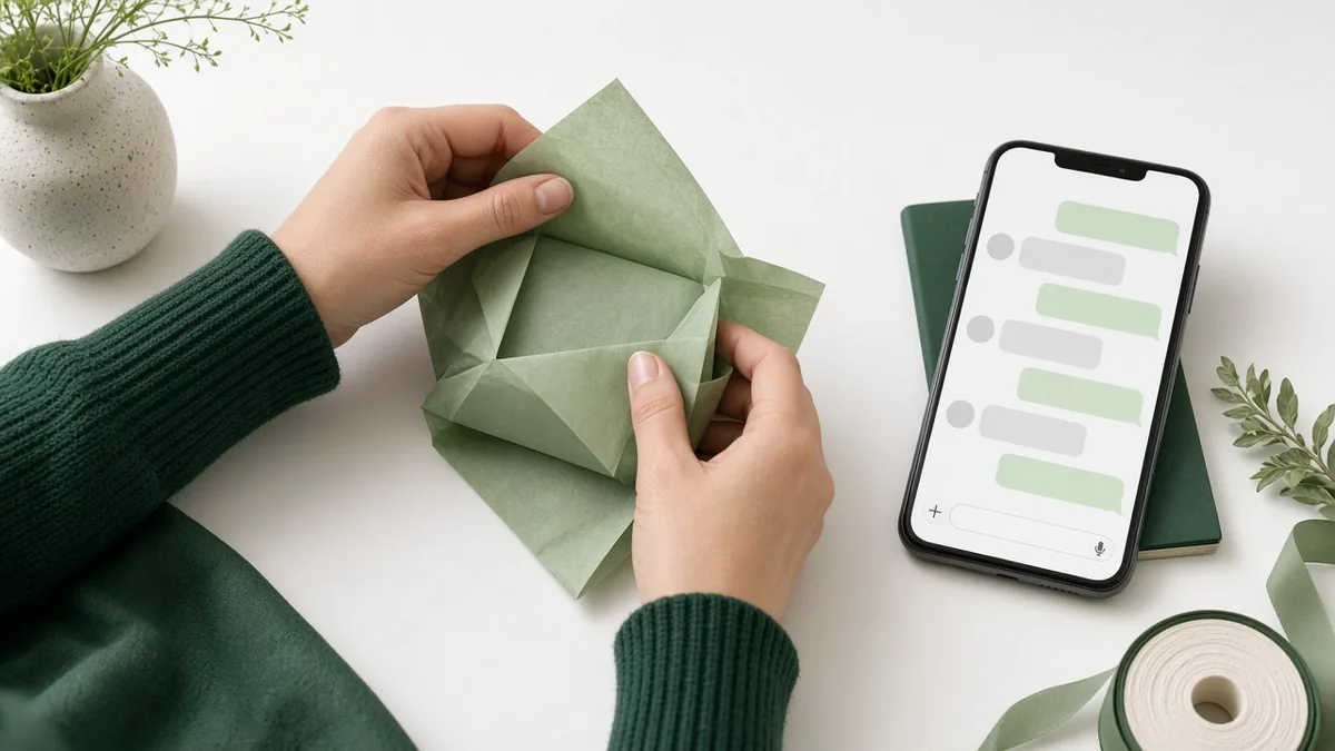 A seller wrapping a product in tissue paper next to a phone showing a chat conversation