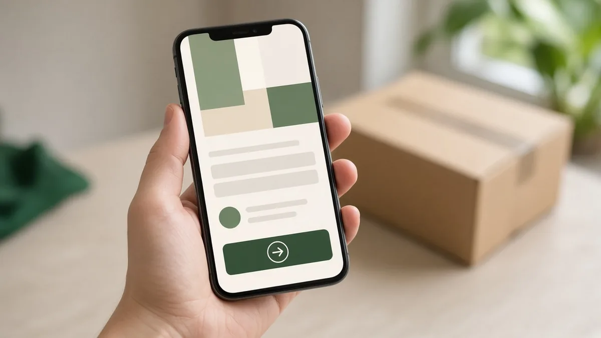 Hand holding a phone that shows a generic mobile payment screen with a green button