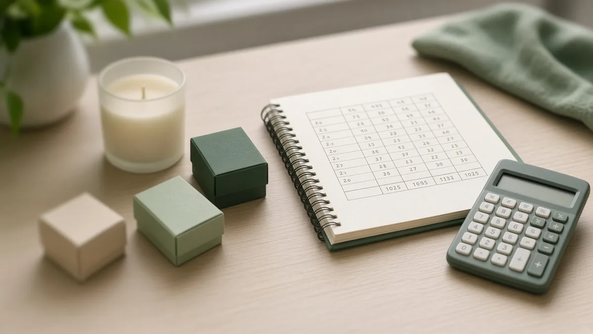Calculator, notebook with a cost table and small product boxes on a desk, for working out cost and price when you start an online business in Bangladesh