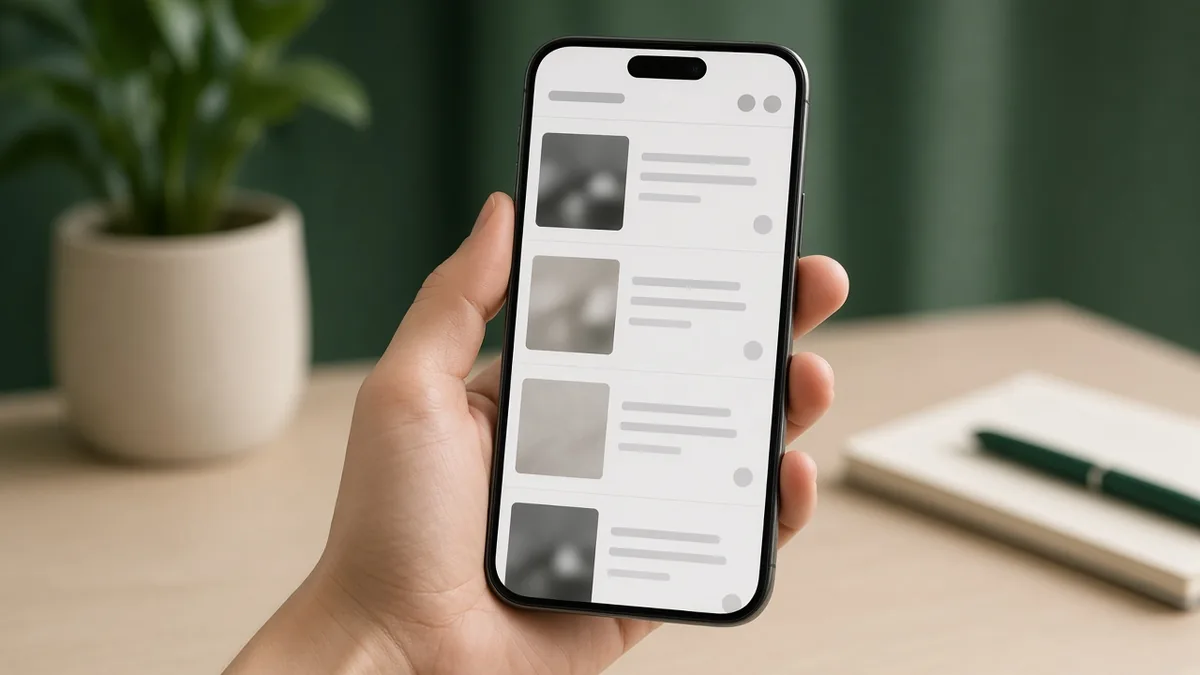Phone showing a simple product listing page with image blocks and short titles