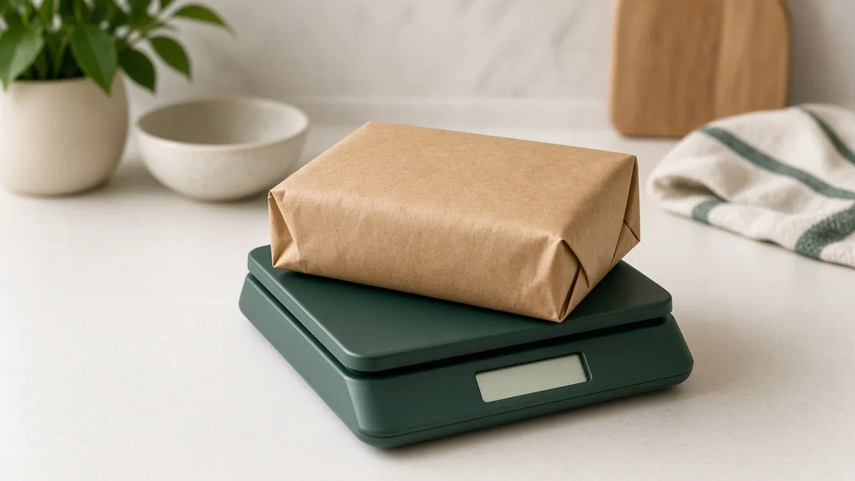 A wrapped parcel on a kitchen scale, weighed before checking the courier delivery charge