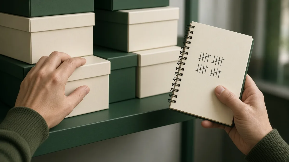 Hands counting small boxes on a shelf while keeping tally marks in a notebook