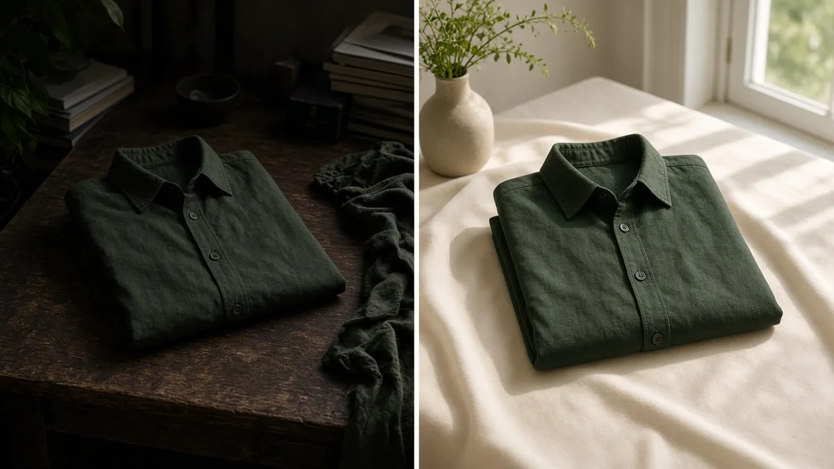 The same folded green shirt photographed in dim light on dark wood (left) and in bright window light on a cream cloth (right)