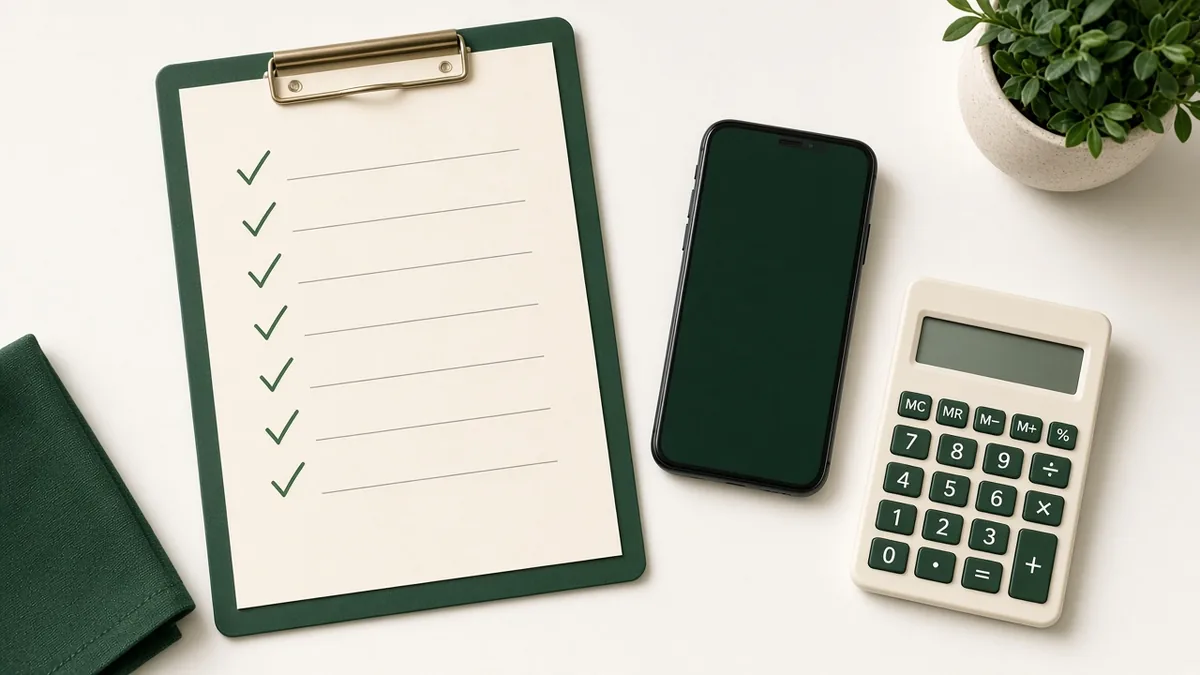 Clipboard checklist with green ticks next to a phone and calculator, for comparing ecommerce platforms