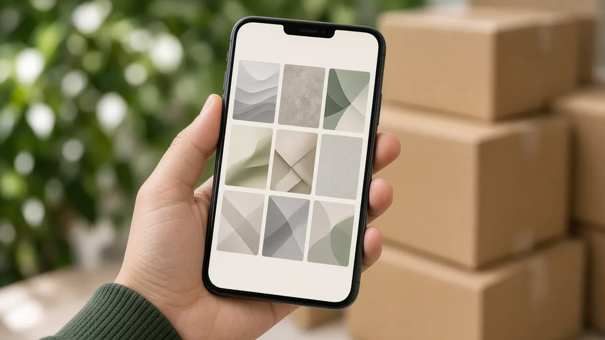Phone screen showing a grid of product photos, with parcels on the table behind it