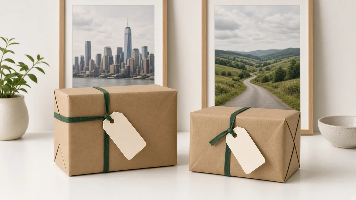 Two wrapped parcels with blank tags, in front of a city skyline picture and a countryside road picture, for inside and outside Dhaka delivery