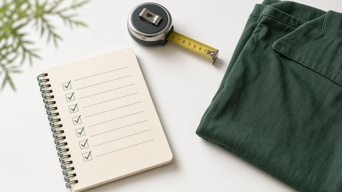 Notebook with a ticked checklist, a measuring tape and folded fabric, for writing size charts and product details
