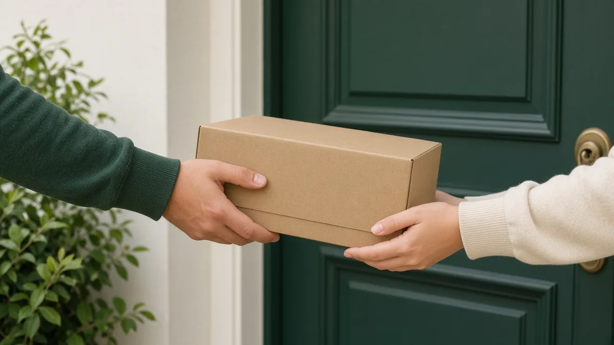 A parcel being handed over at a doorway, the moment a COD buyer pays or refuses