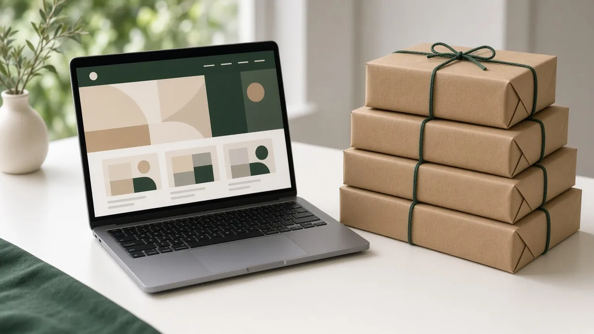 Laptop showing an online shop beside a stack of tied parcels ready to ship