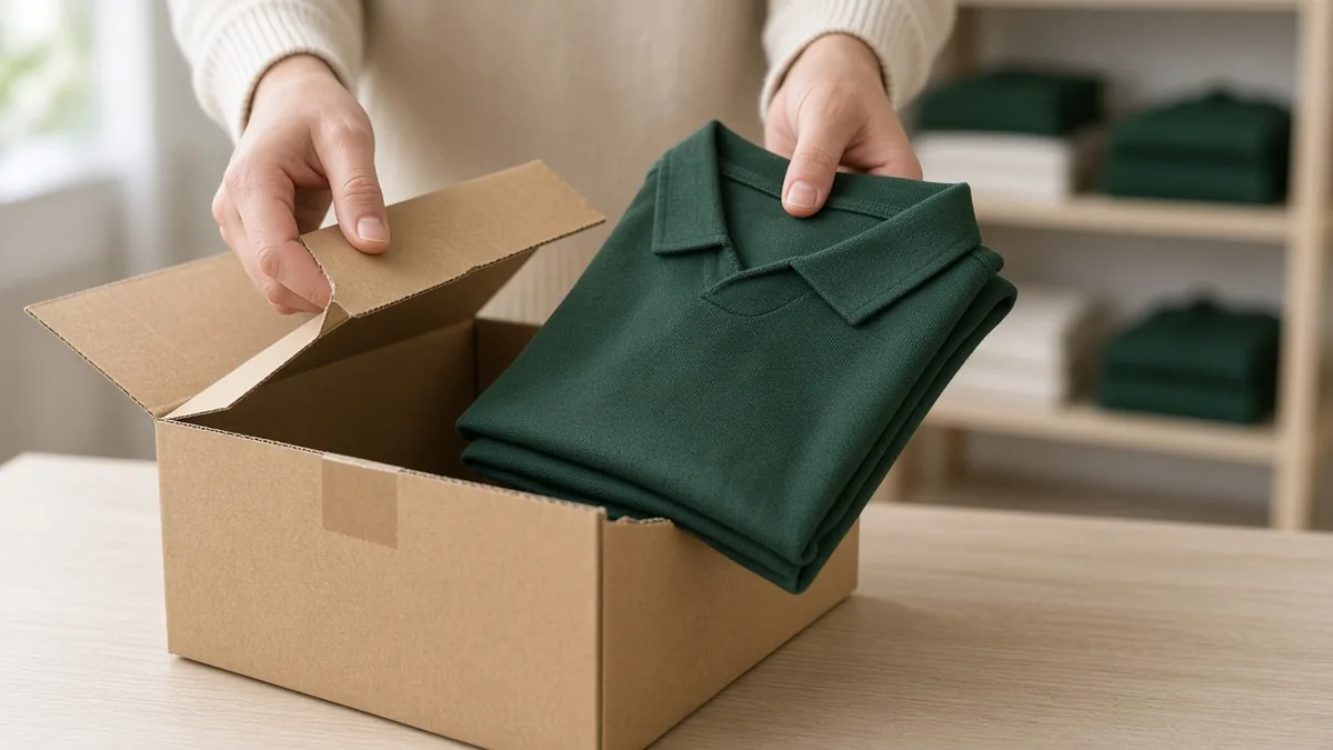 Packing a folded shirt into a shipping box with more stock on the shelf behind