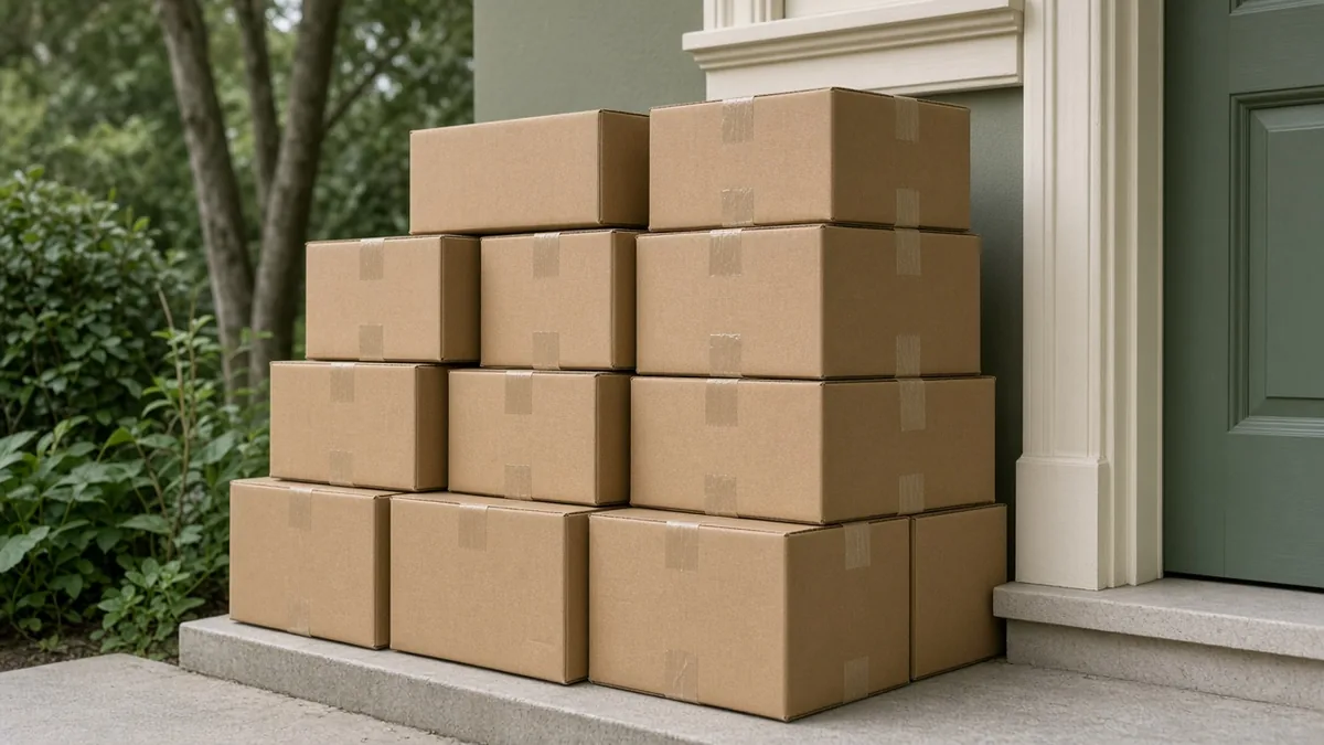 A stack of sealed brown parcels waiting at a doorstep for courier pickup