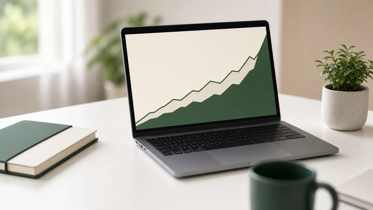 Laptop on a desk showing a line chart trending upward