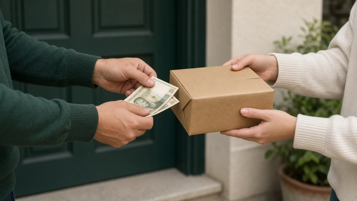 Banknotes handed over in exchange for a wrapped parcel at the door, a cash on delivery handover